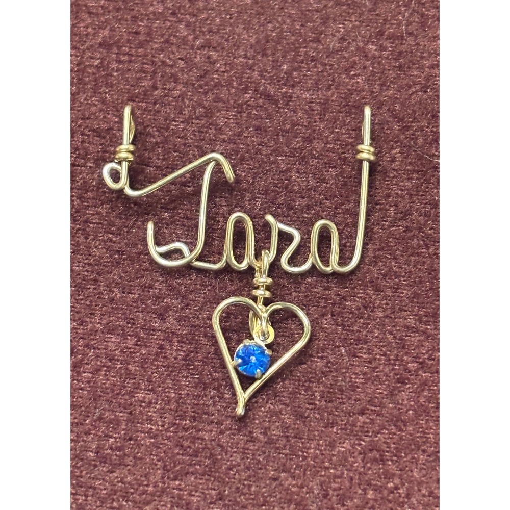 Tara Name Pendant Wire Wrapped Heart Blue Rhinestone Gold Tone Custom Jewelry